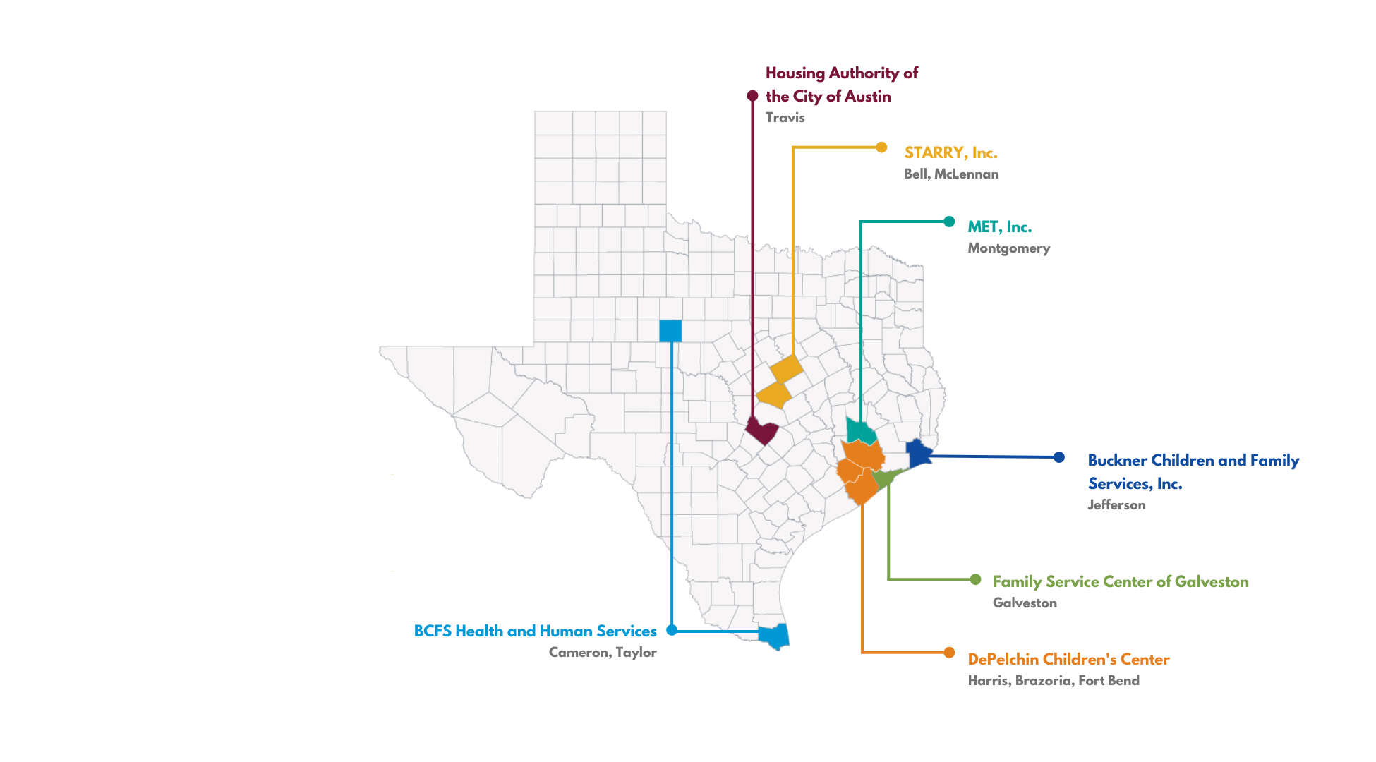 Map of Texas, showing providers across the state. For a text version of Fatherhood EFFECT providers, check the PEI Provider Directory.