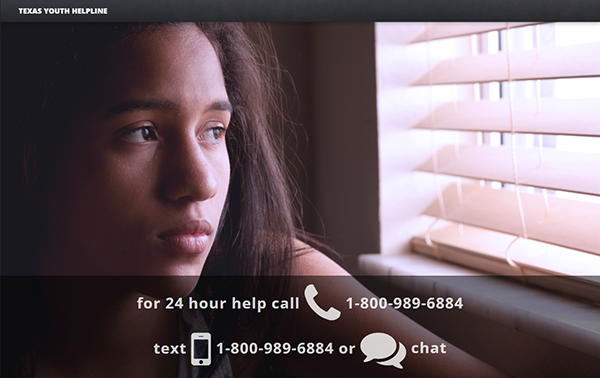 The Texas Youth Helpline home page phone number, text and chat info, with a girl in the photo.